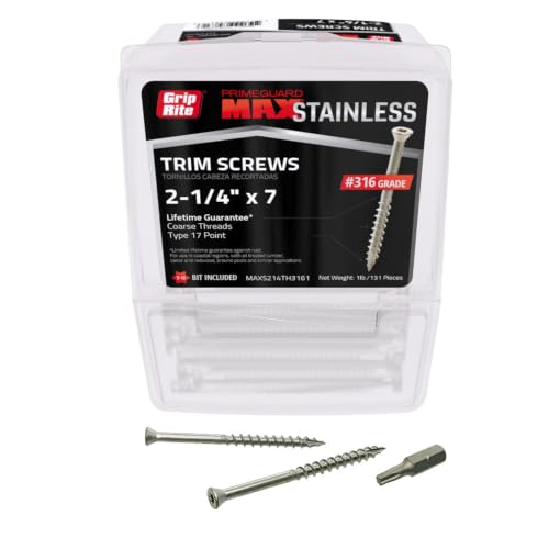 Grip-Rite PrimeGuard Max Deck Screws for Outdoor Projects - Hand Drive Trim Head Wood Screws - T-17 Star Drive - 316 Stainless Steel - 7 x 2-1/4" - 1 Lb - MAXS214TH3161
