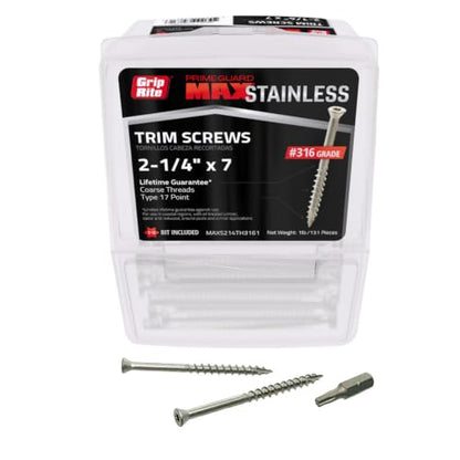 Grip-Rite PrimeGuard Max Deck Screws for Outdoor Projects - Hand Drive Trim Head Wood Screws - T-17 Star Drive - 316 Stainless Steel - 7 x 2-1/4" - 1 Lb - MAXS214TH3161