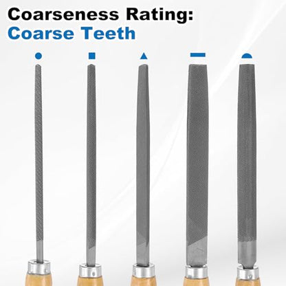 HARFINGTON 5pcs Metal File Set 8" Coarse Teeth High Carbon Steel Hand Files with Wooden Handle Square/Flat/Triangle/Half-Round/Round for Metal Wood Stone Grinding Polishing Engraving - size: 1, style: Coarse Teeth