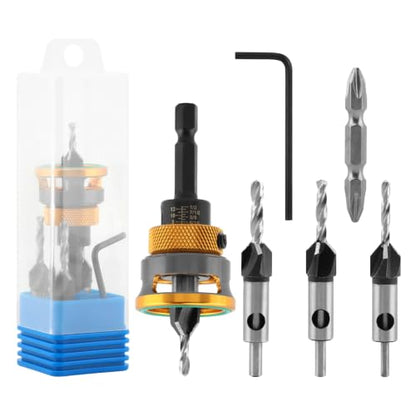 7PCS Countersink Drill Bits Set, Four-Flute Tapered Drill Bits, Alloy Countersink Bit for Wood, Include Adjustable Depth Stop Collar&Wrench for 82 Degree Woodworking, Plywood &MDF