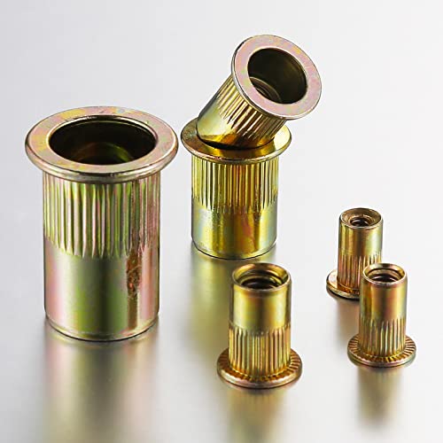 Wensilon Rivet Nut 5/16-18UNC 100Pcs Yellow Zinc Plated Finish Flat Head Rivnut Threaded Insert Nut Knurled Body - color: Yellow, size: 5/16-18