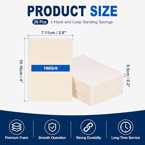 26Pcs 180Grit Sanding Sponges, 4x2.8In Hook & Loop White - size: 180 Grit