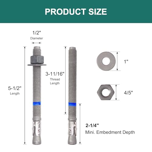 1/2" x 5-1/2" Concrete Anchors (20 Pack) Wedge Anchors Bolts, Hot Dip Galvanized - size: 1/2"x5-1/2" (20 PCS)