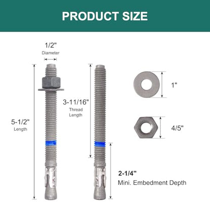 1/2" x 5-1/2" Concrete Anchors (20 Pack) Wedge Anchors Bolts, Hot Dip Galvanized - size: 1/2"x5-1/2" (20 PCS)