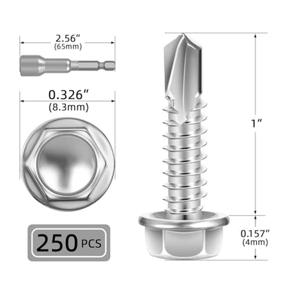 #8 x 1 (250 PCS) Sheet Metal Screws, Hex Washer Head Self Drilling Screw, 410 Stainless Steel Flanged Fast Self Tapping Screws - size: #8 x 1"