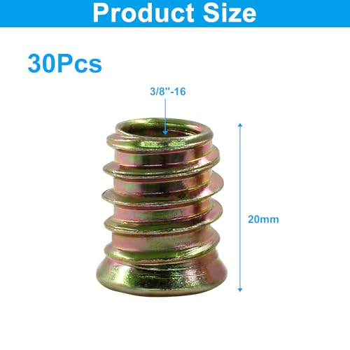 20 Pcs 3/8"-16x 20mm Threaded Inserts for Wood - size: 3/8"-16x 20mm