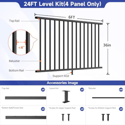 Modular 36 in. H x 6 ft. W Aluminum Deck Railing Kit, Porch Railing - color: Level 6ft - 4 panel 0 Post