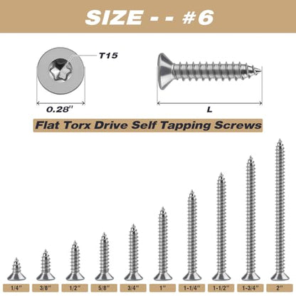 #6 x 1 Torx Flat Head Sheet Metal Screws, 304 Stainless Steel Countersunk Head Self Tapping Screws, Pack of 100 with Torx Bit - size: #6 x 1