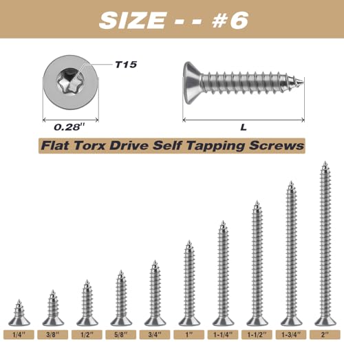 #6 x 1-1/4" Torx Flat Head Sheet Metal Screws, 304 Stainless Steel Countersunk Head Self Tapping Screws, Pack of 100 with Torx Bit - size: #6 x 1-1/4