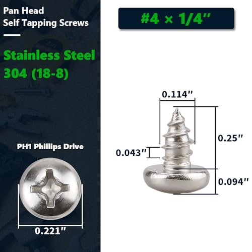 #4 x 1/4" (100 Pack) Stainless Steel Phillips Pan Head Wood Screws, Stainless Steel 304 (18-8), Pan Head Sheet Metal Screws Self Tapping for Wood - size: #4 x 1/4"