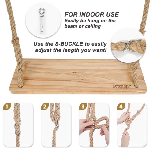 Hanging Wooden Tree Swing with Adjustable Hemp Rope and Tree Straps - color: Raw Wood