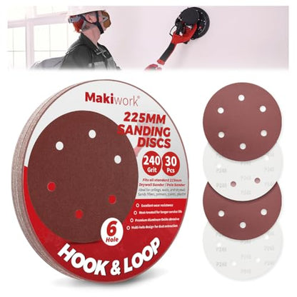 30PCS 9-Inch 6-Hole 240 Grit Hook & Loop Sanding Discs – Heavy-Duty Aluminum Oxide Sandpaper for Drywall Sander, Paint Removal, Wood & Metal Surface Prep - style: 6 Hole