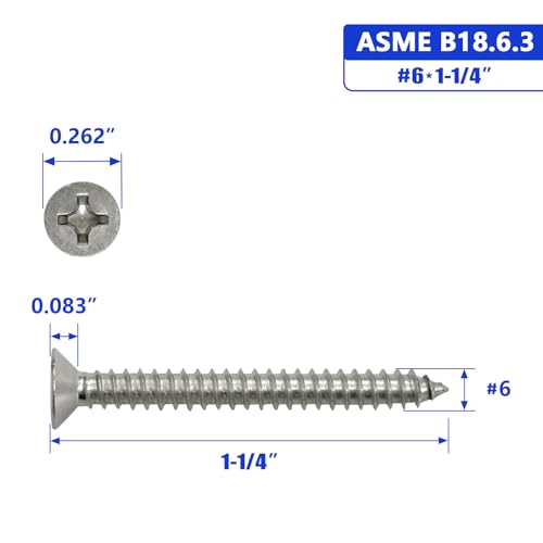 #6 x 1-1/4" Flat Head Sheet Metal Screws Phillips Drive Wood Screws, 304 Stainless Steel 18-8, Pack of 100 - color: Silver, size: #6 x 1-1/4"