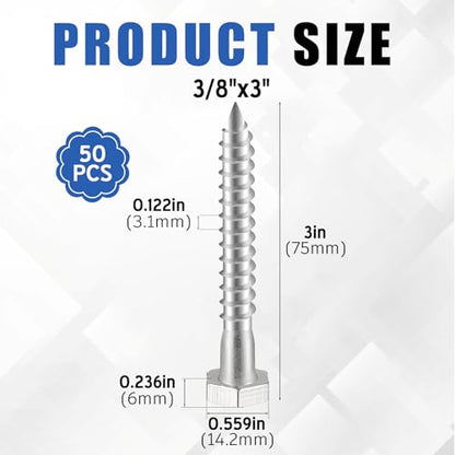 Zonon 50 Pcs 3/8" X 3" 304 Stainless Steel Lag Screw for Wood, Silver - color: Silver, size: 3/8" X 3"