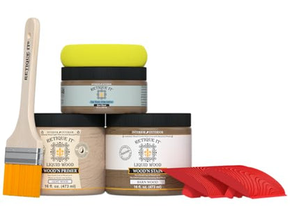 Retique It Wood Finish Multi-Purpose Kit – GO Beyond Faux Wood with Paintable Liquid Wood Based Primer and Gel Stain - Graining Tools Included (2X 16oz, Barn Wood) - color: 35 Barn Wood, size: Medium Kit