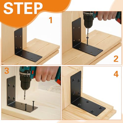 ZENFUN 20Pcs 4x4x2 Inch Heavy Duty Corner Brackets, Black L Brackets for Wood Shelves, 2mm 90 Degree Right Angle Bracket, Metal Corner Brackets for Furniture, Bed, Shelf Bracket