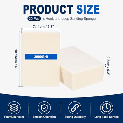 20Pcs 3000Grit Sanding Sponges, 4x2.8In Hook & Loop White - size: 3000 Grit