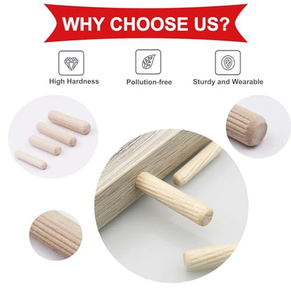 smseace Wooden Dowel Pins with Tapered End with Bevel Angle Groove Wood Pegs - 9 Sizes 6/25inch 5/16inch 3/8inch(6mm, 8mm, 10mm) Used for Crafts, Furniture, Door, DIY - size: 200Pcs - 9 Sizes