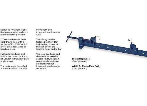 Groz 48" T-Bar Clamp, 42" Clamping Capacity, 1" x 7/8" Cold-Drawn Steel Bar, Malleable Iron Head and Slide, Acme Screw, Pin-Locking Sliding Head for Heavy-Duty Woodworking and Assembly (39101) - style: 48 Inch