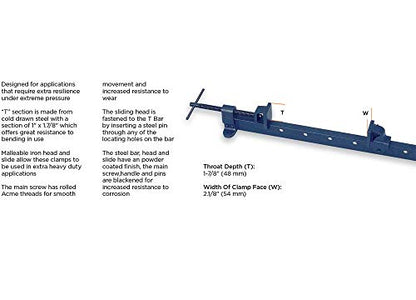 Groz 48" T-Bar Clamp, 42" Clamping Capacity, 1" x 7/8" Cold-Drawn Steel Bar, Malleable Iron Head and Slide, Acme Screw, Pin-Locking Sliding Head for Heavy-Duty Woodworking and Assembly (39101) - style: 48 Inch