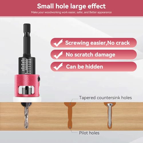 Countersink Drill Bit Set - 5 Pcs Countersink Drill Bit with Low Friction Depth Stop, HSS M2 Tapered Bits, Carbide Drill Bits 1/4” Hex Shank for Woodworking Tools - color: red