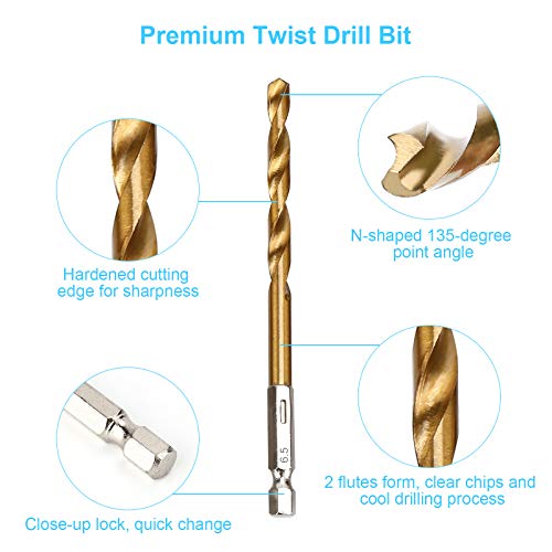 19 Pcs HSS Titanium Twist Drill Bit Set - 1/16"-1/4" Hex Shank Quick Change