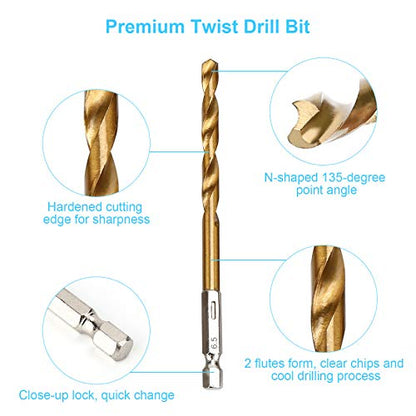 19 Pcs HSS Titanium Twist Drill Bit Set - 1/16"-1/4" Hex Shank Quick Change