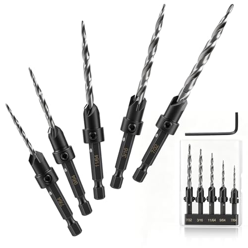 Countersink Drill Bit Set, 5PCS HSS Tapered Drill Bits for Woodworking