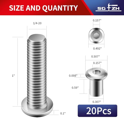 1/4-20 x 1 Inch 20Pcs Flat Head Hex Socket Cap Screws Bolts Barrel Nuts Kit, 304 Stainless Steel 18-8, Full Thread by SG TZH (with Hex Spanner) - color: Silver, size: 1/4-20 x 1"
