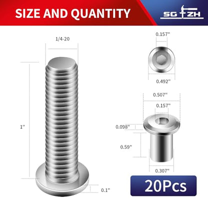 1/4-20 x 1 Inch 20Pcs Flat Head Hex Socket Cap Screws Bolts Barrel Nuts Kit, 304 Stainless Steel 18-8, Full Thread by SG TZH (with Hex Spanner) - color: Silver, size: 1/4-20 x 1"