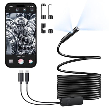 Endoscope Camera with Light, Dual-Lens 1920P HD Borescope with 8+1 Adjustable LED Lights, IP67 Waterproof Inspection Camera 16.5FT Semi-Rigid Snake Camera for iOS & Android (2 Interface) - size: 2 Interface