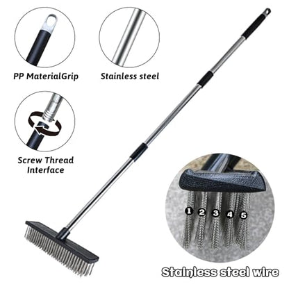 Heavy Duty Wire Push Broom Brush, 15.7" Stainless Steel Bristle Deck Brush with Long Handle for Removing Weeds, Outdoor Broom for Rough Surface Dirt