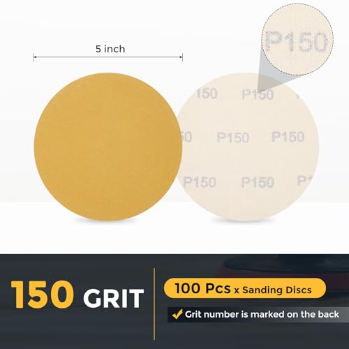 HARFINGTON 100 Pcs 5 Inch Sanding Discs 150 Grit Yellow Aluminum Oxide - size: 5 Inch(150 Grit)