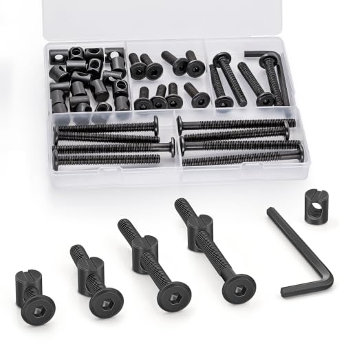 M6 Furniture Screws Assortment Kit - Black Flat Head Socket Cap Screws and Barrel Nuts, 4 Lengths (20/40/60/70mm) with Allen Wrench, 20 Sets - color: Black, size: M6 Kit