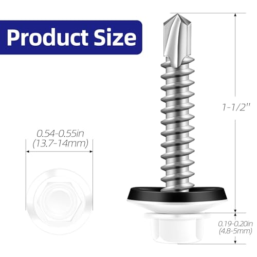 #10 x 1-1/2" Zinc Plated Steel Self Drilling Roofing Screws, Hex Head Self Tapping Screws with EPDM Washer, White Head, 100 PCS - color: White, size: #10 x 1-1/2"