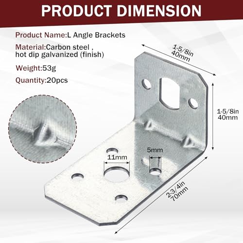 Shimeyao 20 Pcs L Bracket 2-3/4" x 1-5/8" Metal Angle Corner Brackets