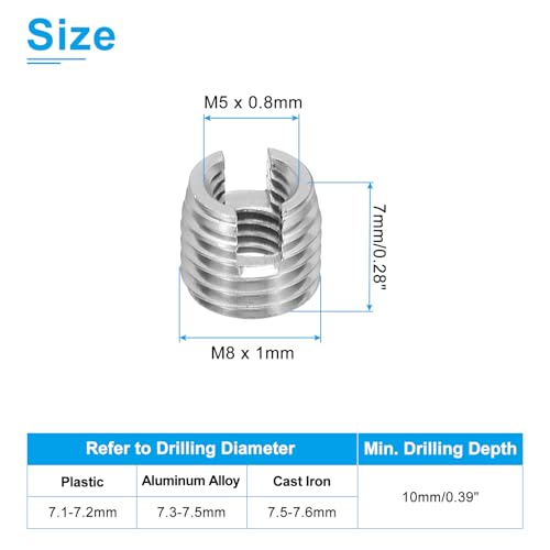 PATIKIL Self-Tapping Threaded Inserts, 20 Pcs M5 x M8 x 7mm 303 Stainless Steel Thread Adapter Reducer Slotted Screw Repair Inserts Nuts Sleeve - size: M5 x M8 x 7mm