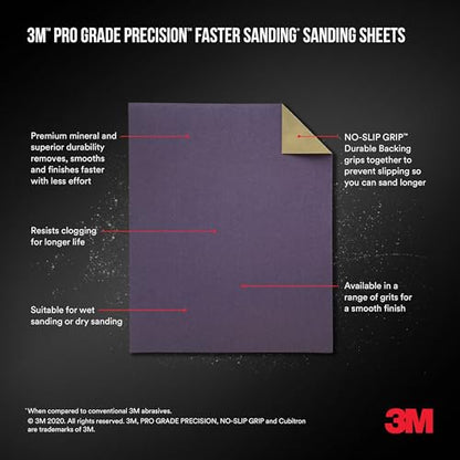 3M Pro Grade Precision Sanding Sheets with No-Slip Grip, 9 x 11 in, 120 Grit, 10-Pack (SHR120-PGP-10T) - style: 120 Grit, 10 Sheets, 9" x 11"