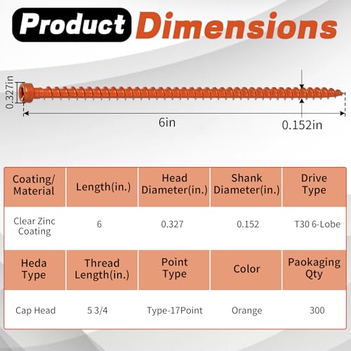 300 Pcs Truss Screws,6 Inch Structural Screws for Truss Rafter to Plate and Stud to Plate Connections,Clear Zinc (Orange Topcoat) - color: Orange Topcoat