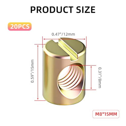 20 PCS M6 Slotted Cross Dowel Nut, Barrel Nuts Kit (M6x13mm) for Furniture, Bed, Crib & Chairs – Replacement Cross Dowel Nuts (M8x15mm) - size: M8x15mm