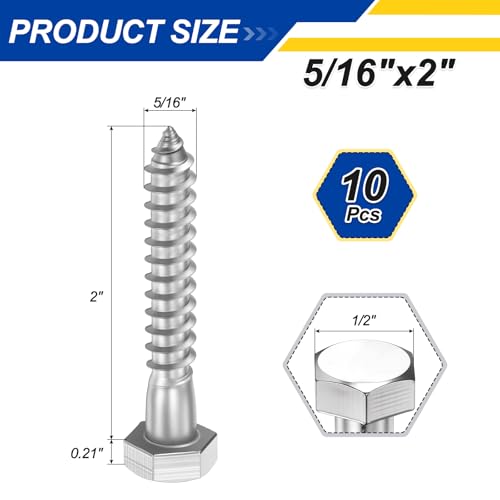10 Pcs Hex Head Lag Screws 5/16"x2" SS 18-8 (304) Lag Bolts - color: Silver, size: 5/16"x2"