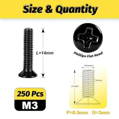 KADRICK M3 x 14mm Countersunk Screws, 250PCS, M3 Flat Head Screws - size: M3x14mm 250PCS