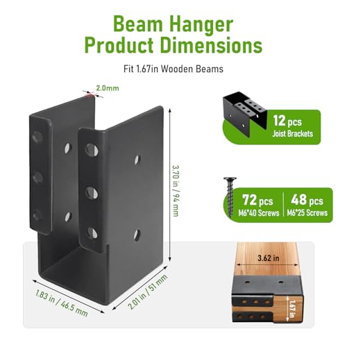 12 Pcs Concealed Joist Hangers, 2x4 Outdoor Beam Brackets with Screws