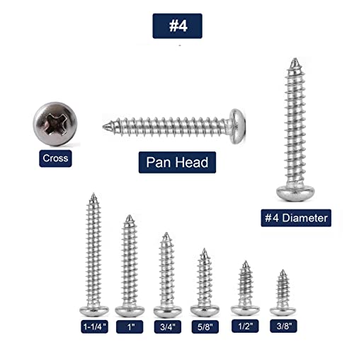 #4 x 1-1/4" Wood Screw 100Pcs 18-8 (304) Stainless Steel Pan Head Fast Self Tapping Drywall Screws by SG TZH - size: #4 x 1-1/4"