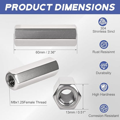 304 Stainless Steel Metric hex Coupling Nuts M8 x 1.25-Pitch 60mm 8 Pcs - size: M8x1.25x60MM