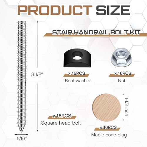 Shimeyao 16 Set Stair Handrail Bolt Kits Rails Fitting Fastener Easy Installation for Residential and Commercial Installation, Connect Handrails to Staircase Fittings and Newels
