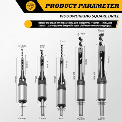 Square Hole Drill Bit 1/4" 5/16" 7/16" 1/2" 5/8" and Adapter
