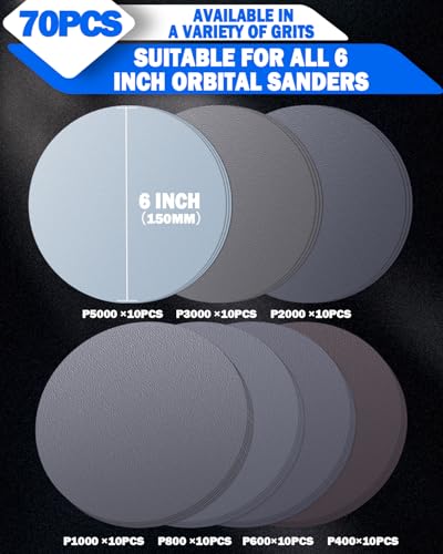 Elechiakan 70PCS 6 Inch Wet Dry Sanding Discs, Hook and Loop Sandpaper