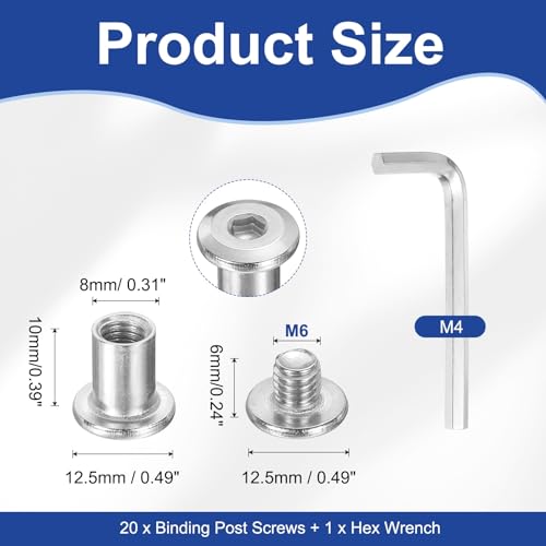 PATIKIL M6x6mm Hex Chicago Screws 8x10mm, 20Pcs 304 Stainless Steel Metric Hex Drive Socket Cap Binding Post Screw Posts for Scrapbook Leather Belt Album Furniture Repair, Silver - size: M6x6mm, 8x10mm