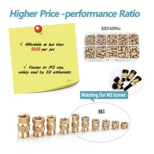 KADRICK M3-M5 Heat Set Inserts Kit,420PCS Brass Thread Inserts for 3D Print - size: Kit M3-M5 420Pcs